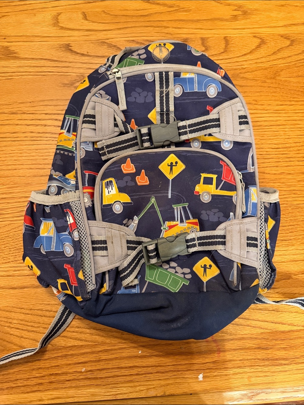 Pottery Barn Kids Navy Backpack with Multicolor Construction Trucks